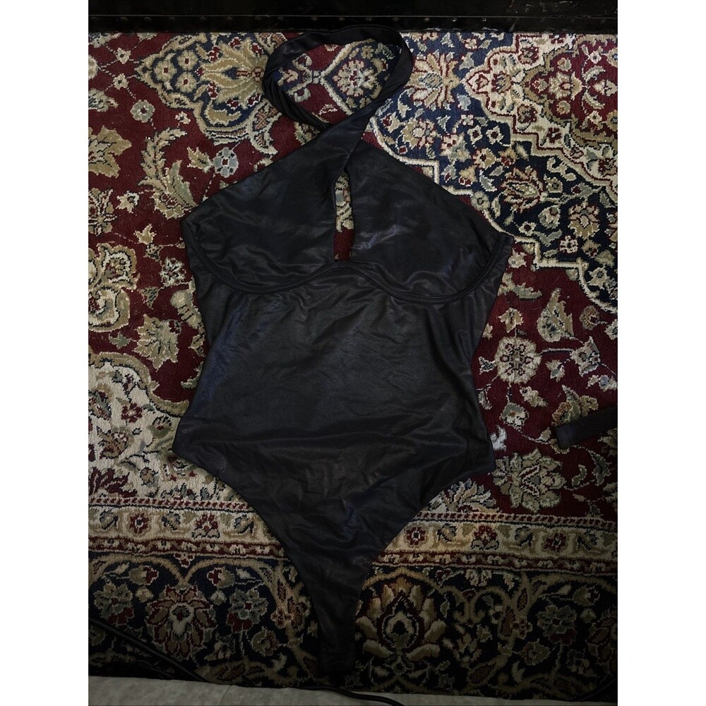 Black Shiny Body Suit Size Medium. Low Back With Cross Neck.